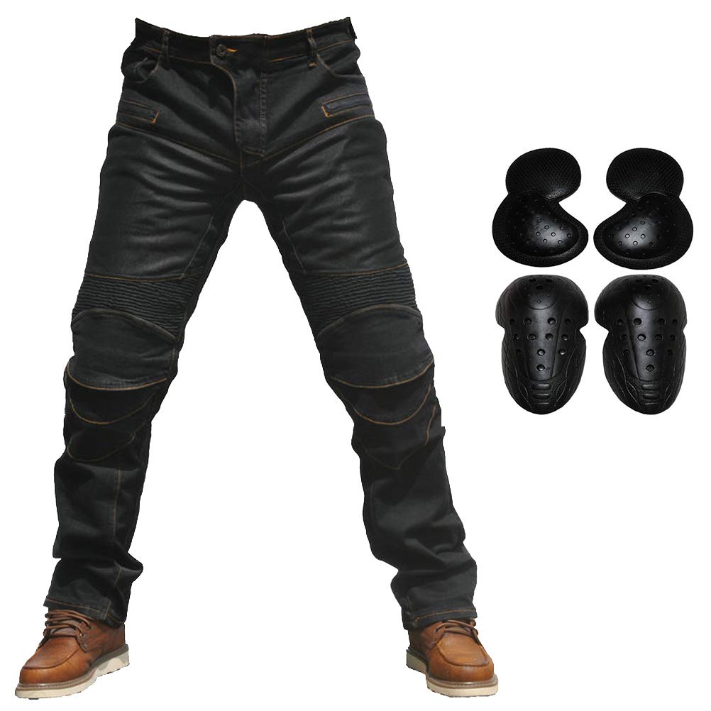 2019 Men Motorcycle Riding Jeans Armor Racing Cycling Pants With Upgrade Knee Hip Protector Pads (Black, L=32)