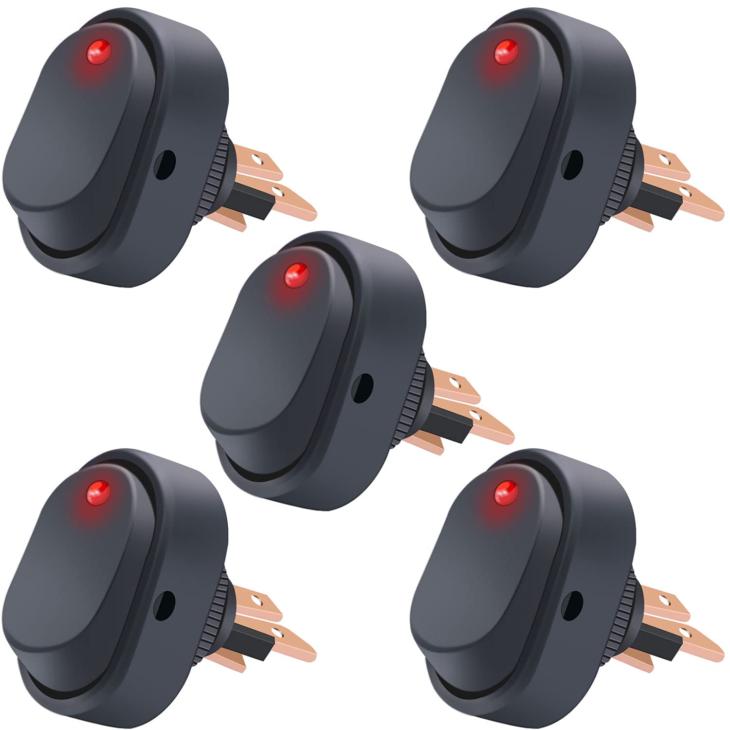 Twidec/5Pcs Led Lighted Rocker Switch Toggle 12V 30A Spst 3 Pin On-Off Red Round Dot Switch For Car Boat Marine Asw-20D-R
