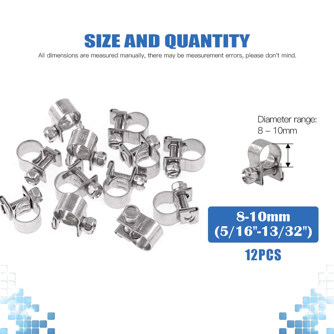 Glarks 12Pcs Stainless Steel Mini Fuel Injection Hose Clamps Adjustable Pipe Hose Clip Tube Clamps Assortment Kit (8-10Mm)
