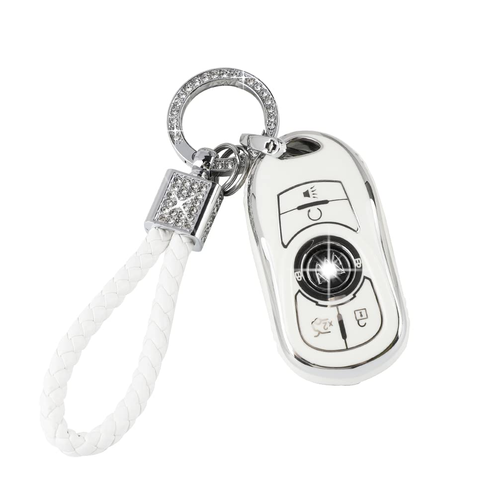 Pifoog White Key Fob Cover For Buick 6 Buttons Car Keys Shell Case Protector Soft Tpu Bling Keychain For Buick Enclave Encore Lacrosse Regal Envision Accessories Girly Women