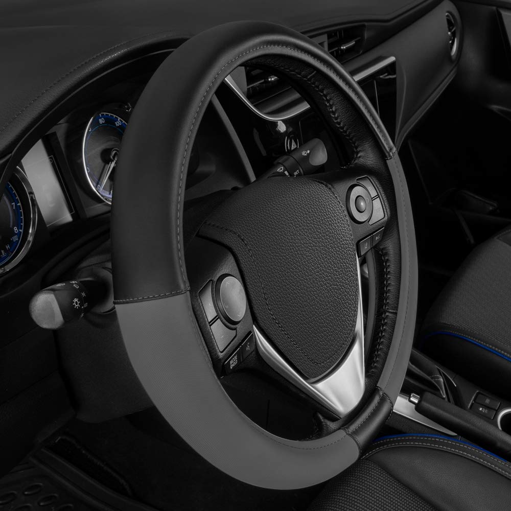 Caterpillar Two Tone Ergonomic Soft Leather Grip Steering Wheel Cover - Strong, Durable And Comfortable Universal Size 14.5-15.5 Inch (Dark Gray/Black) (Casw-2221-Cc)