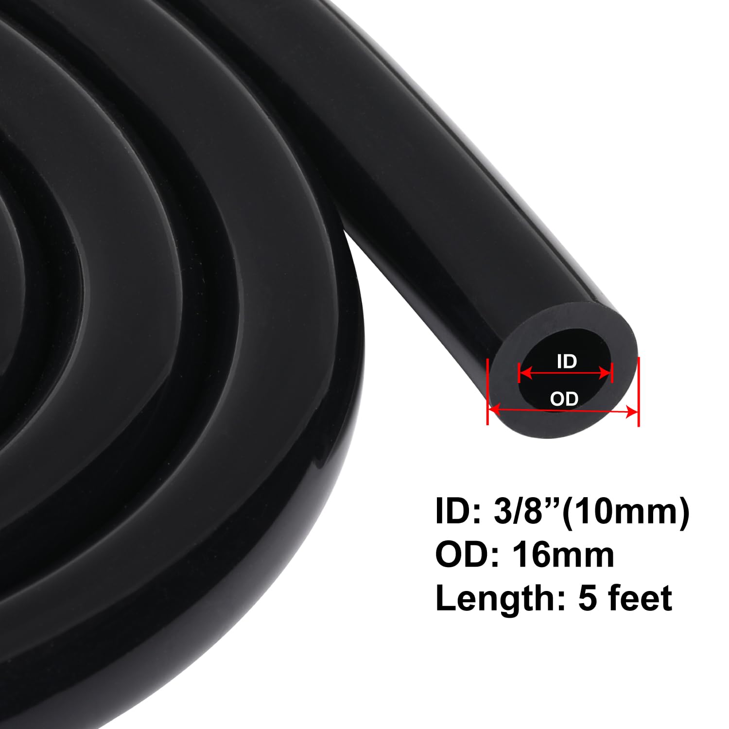 Podavelle 3/8'' 10mm ID Silicone Vacuum Hose Line Tubing 5FT Black 130 PSI Maximum Pressure