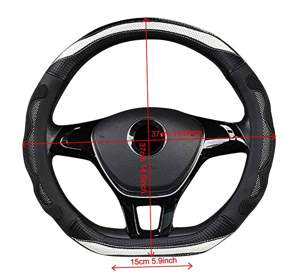 D Cut Steering Wheel Cover - D Shaped Flat Bottom Microfiber Leather Anti-Skid Breathable Fit 14.5'-15' (Black White)