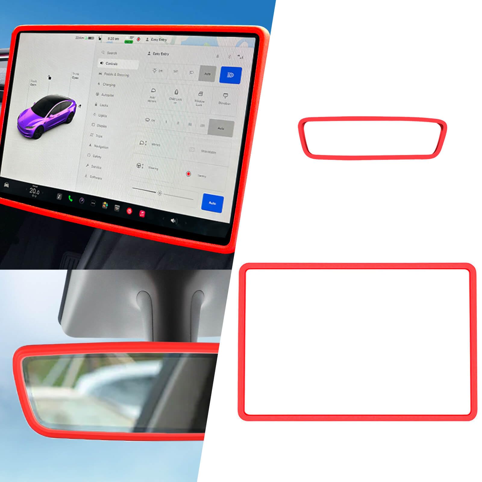 Yeapop 2Pcs Silicone Protector Frames of Screen and Rear View Mirror for Tesla Model 3 2024 Highland and Model Y 2025 Juniper. (