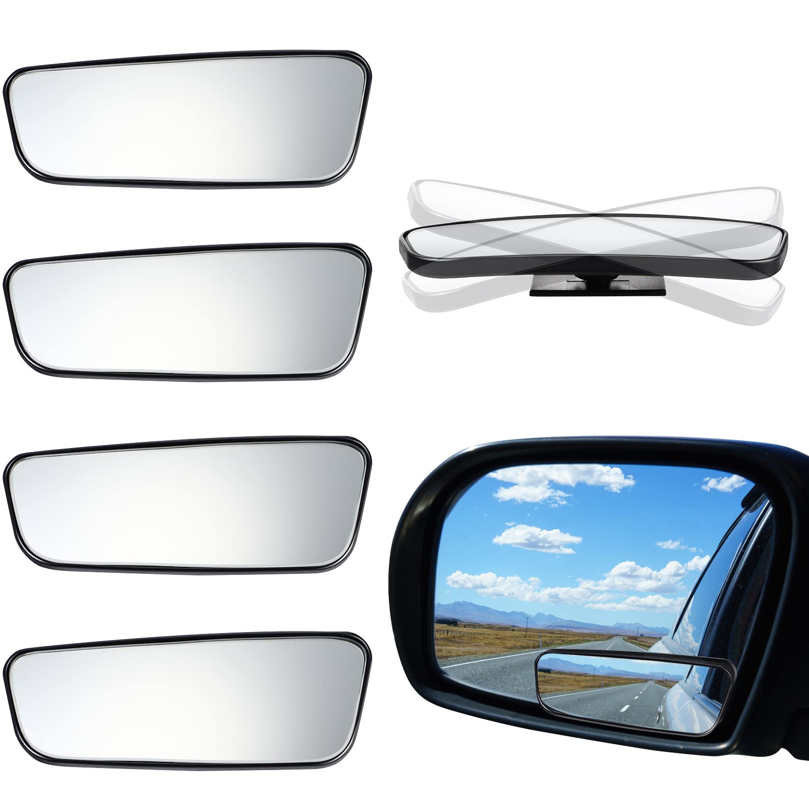 4 Pieces Blind Spot Mirror For Car Rear View Mirror Glass Convex Car Side Mirror Automotive Mirrors With Frame For Universal Car Truck Suv Accessories, Rectangular