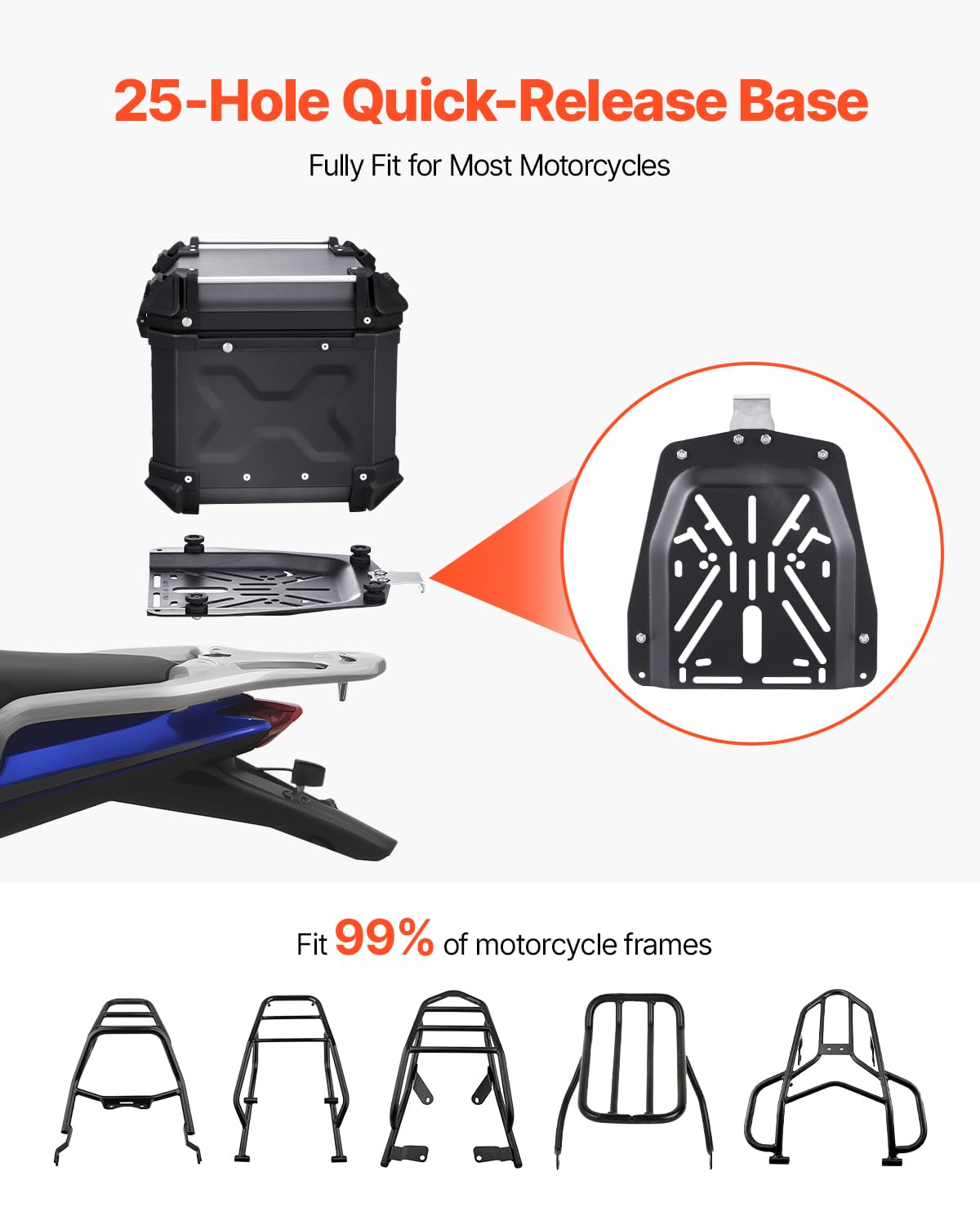 VEVOR Motorcycle Top Case 45L, Universal Aluminum Alloy Motorbike Tail Box with Leather Lining, 45L Waterproof Detachable Motorc