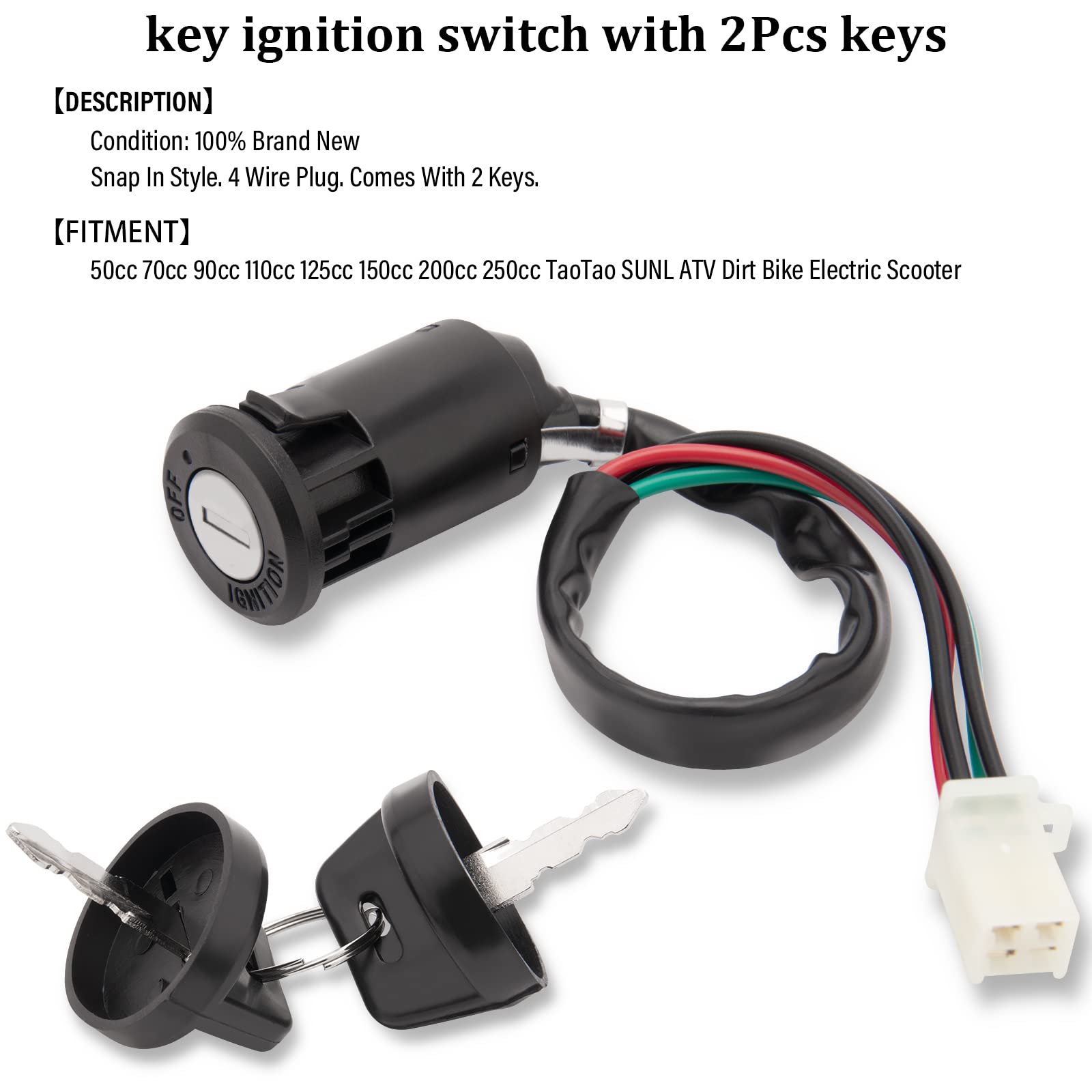 4 Wires Ignition Switch Key with Cap+3 Function Left Starter Switch Assembly for 50cc 70 cc 90cc 110 cc 125cc 150cc TaoTao SUNL