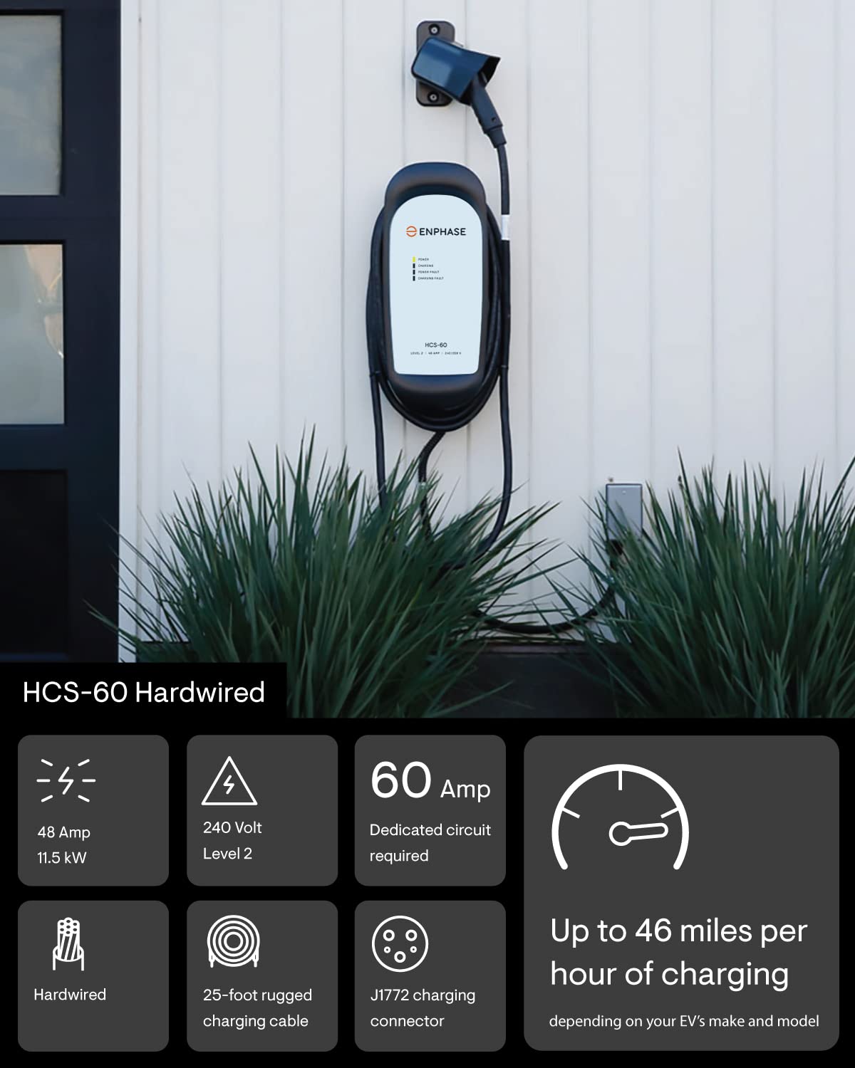 Enphase Energy 48 Amp EV Charger, HCS-60, 240V, 11.5kW, Safety Certified, 25 ft Cable, Black