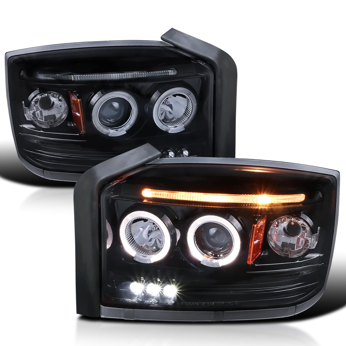 Spec-D Tuning Glossy Black Smoke Led Dual Halo Projector Headlights Compatible With 2005-2007 Dodge Dakota, Left + Right Pair Headlamps Assembly