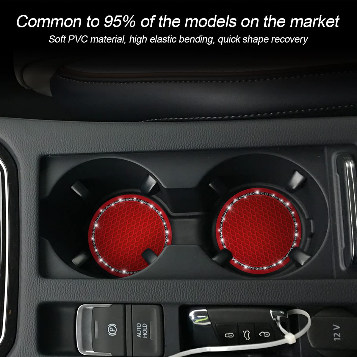 2Pcs Universal Bling Car Cup Coaster,Rhinestone Car Accessories 2.75 Inch Car Cup Holder Insert Mat Pad Set,Suitable For Most Car Interior (Red/White)