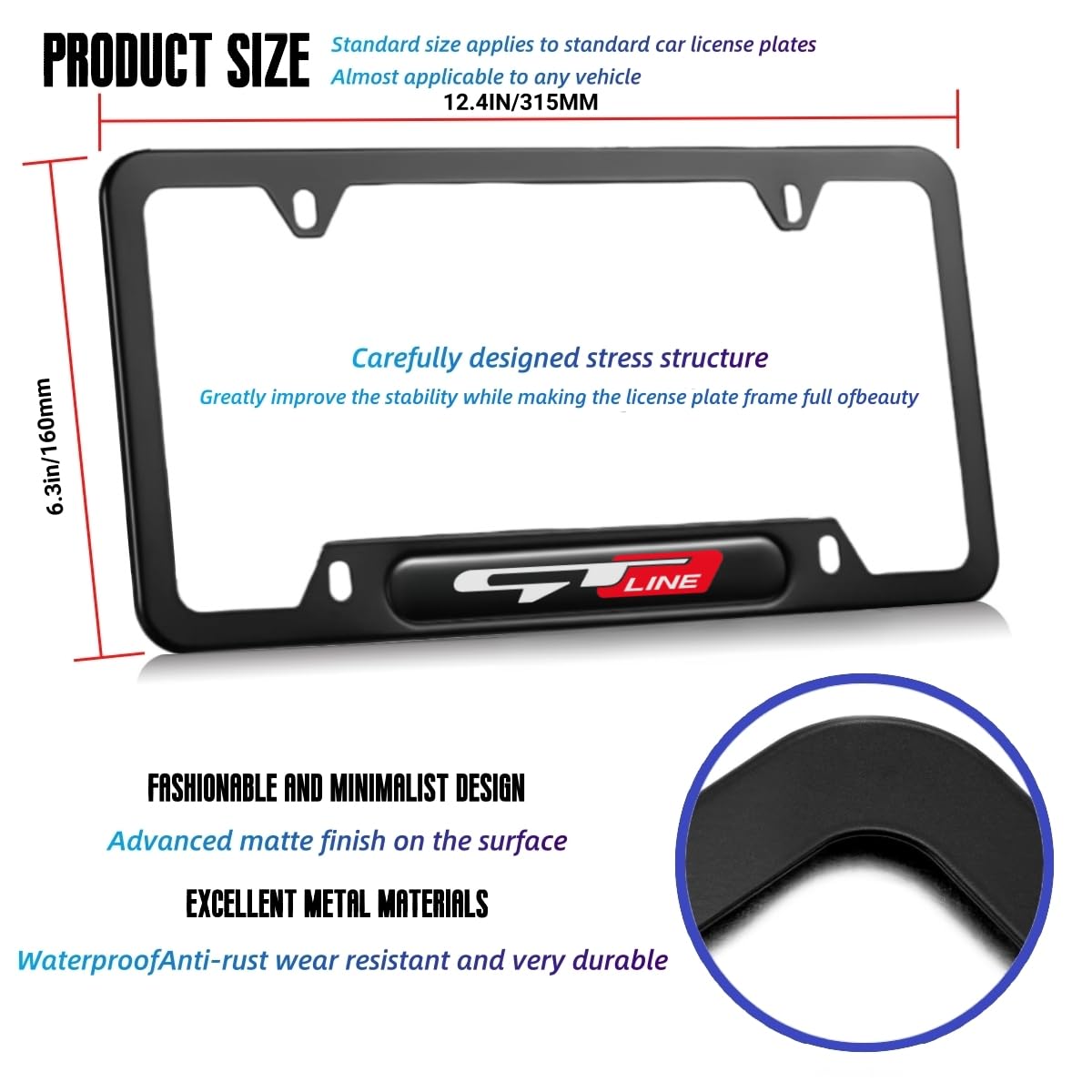 2 Pcs Black License Plate Frames License Plate Covers Compatible Picanto Proceed Rio K5 Sportage Stinger Soul GT Line Metal Alum