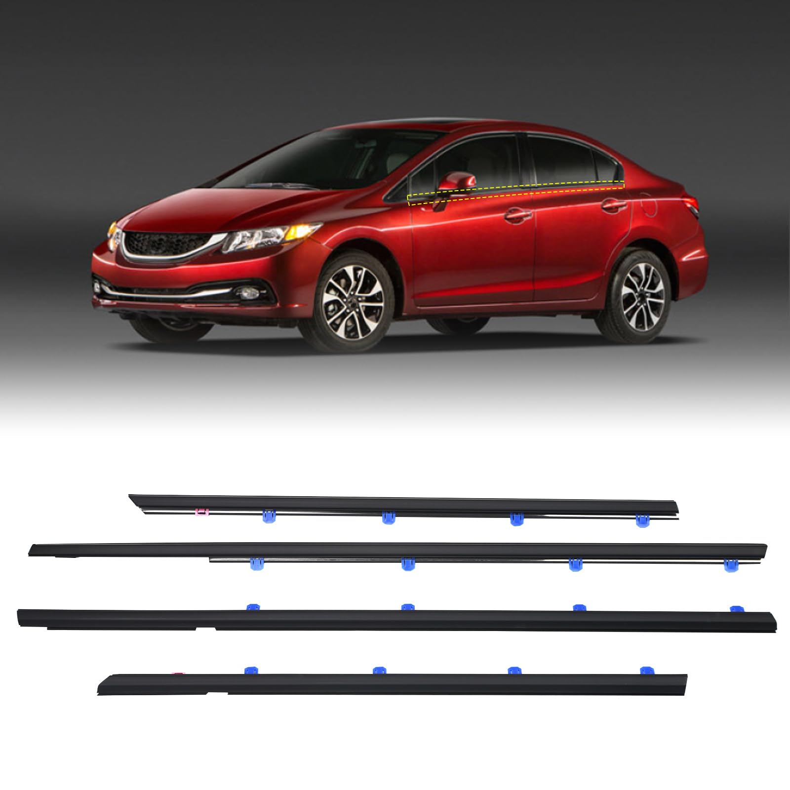 Zonfant 4 Pcs Car Outer Door Window Moulding Trim Weatherstrip Seal Belt Compatible With Honda Vehicle 2012-2015 Civic, Replace#72450-Tr0-A01 72410-Tr0-A01 72950-Tr0-A01 72910-Tr0-A01