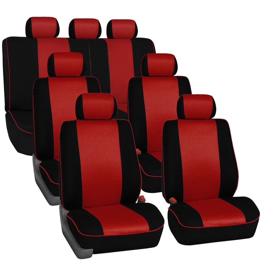 FH Group Car Seat Covers Three Row 7 Seater Cloth Car Seat Covers with Piping (Airbag and Split Ready) - Universal Fit for Cars Trucks & SUVs Red/Black