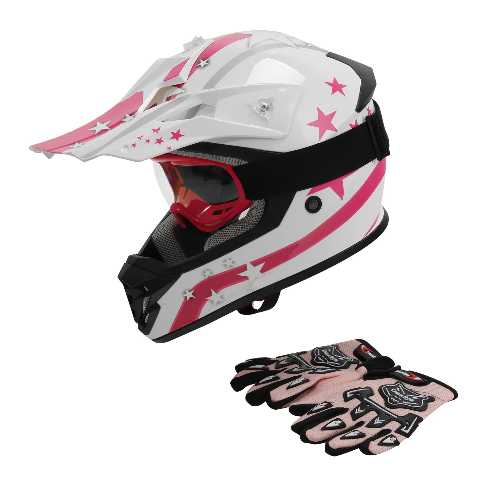 Xfmt Dot Youth Kids Motocross Offroad Street Dirt Bike Helmet Goggles Gloves Atv Mx Helmet, Pink Star