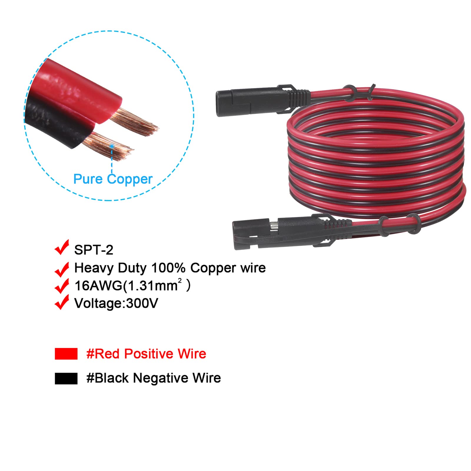 12FT SAE to SAE Extension Cable 16AWG- SAE Extension Cord, SAE 2Pin Bullet Quick Connect 16awg Heavy Duty Wire Harness with Wate