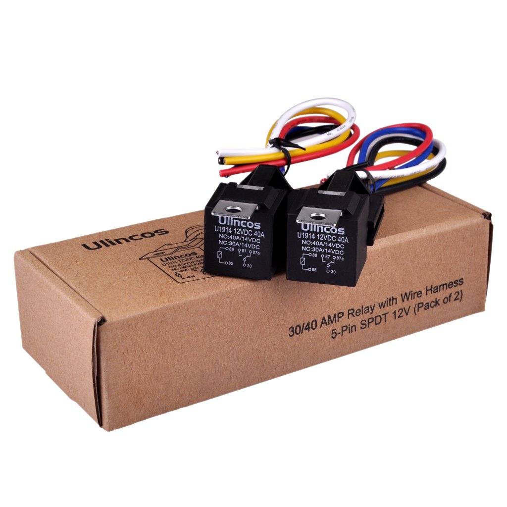 Ulincos Auto Relay U1914 With 14Awg Wire Harness, 12V Dc 30/40A Spdt 5-Pin (Pack Of 2)