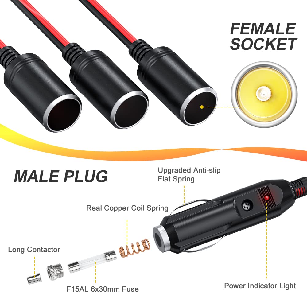 Electop 1 To 4 Car Cigarette Lighter Splitter Adapter Power Charger Port, 12V 24V Plug Socket Adapter 4-Way Splitter, 12 Inch Cigarette Lighter Extension Cord Cable 16Awg With 15A Fuse