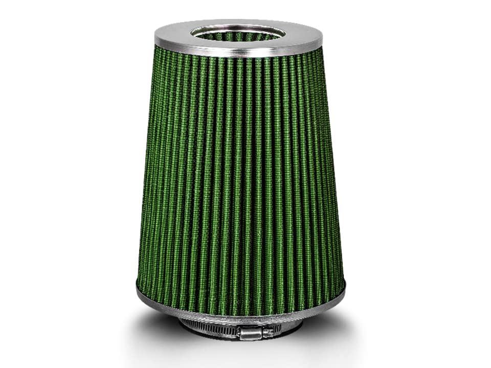 Green 4'' 102 Mm Inlet Truck Cold Air Intake Cone Replacement Performance Washable Clamp-On Dry Air Filter (8'' Tall)