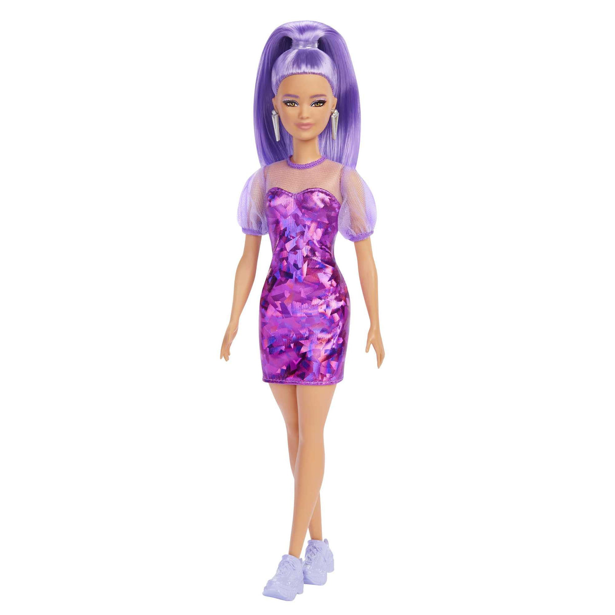 Barbie Fashionistas Doll, Petite, Long Purple Hair & Purple Metallic Dress, Sheer Bodice & Sleeves, Purple Sneakers, Toy For Kid