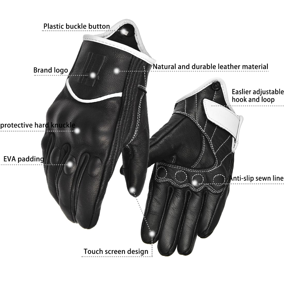 Harssidanzar Leather Motorcycle Gloves For Men Touchscreen Riding Driving Gloves Gm028, Black/White, Size Small
