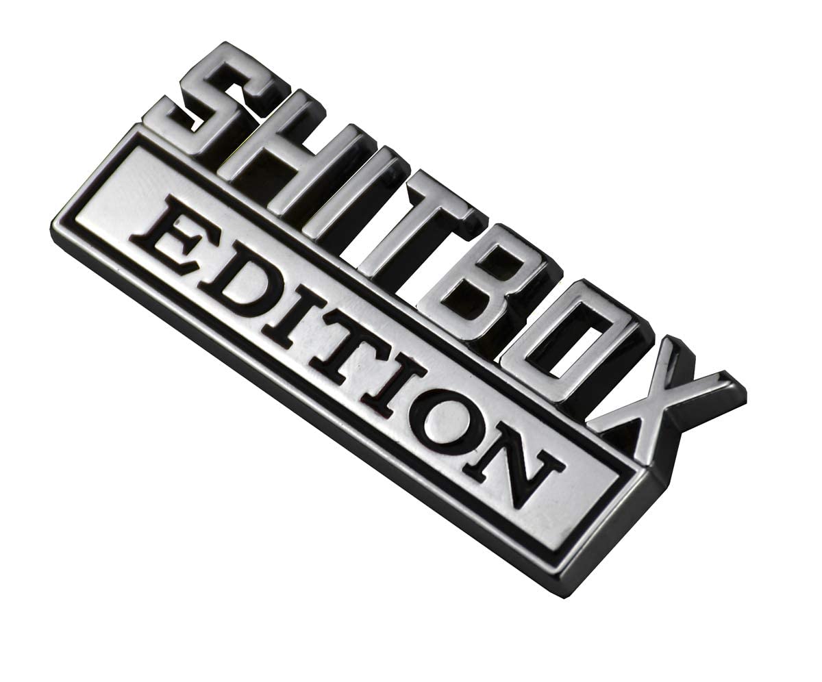 2Pcs Metal Shitbox Edition Car Emblem Badge 3D Sticker Decal Compatible With F-150 F250 F350 Silverado 1500 2500 3500 (Chrome)