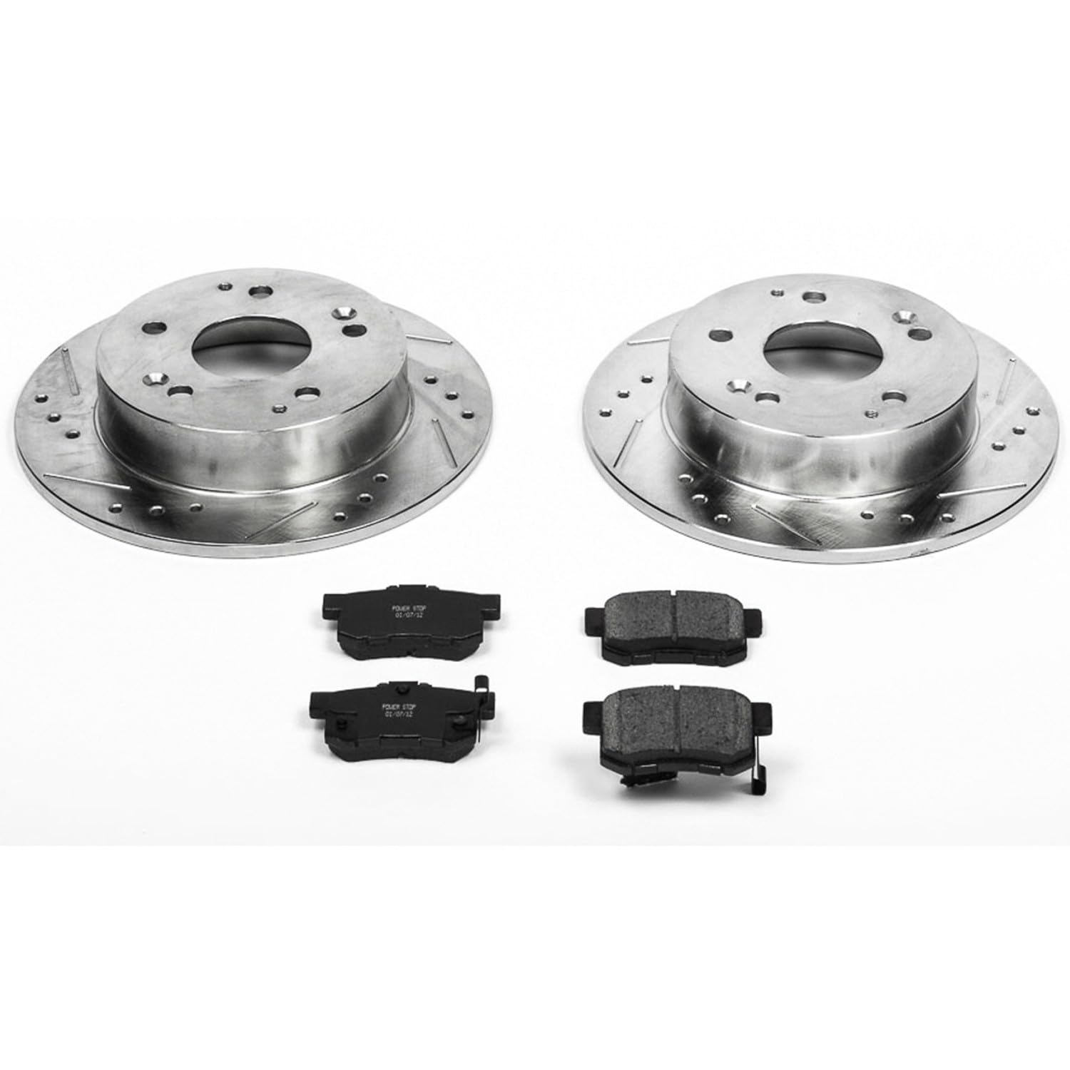 Power Stop K2270 Rear Z23 Carbon Fiber Brake Pads With Drilled & Slotted Brake Rotors Kit For Acura Integra, Acura Rsx, Honda Ac