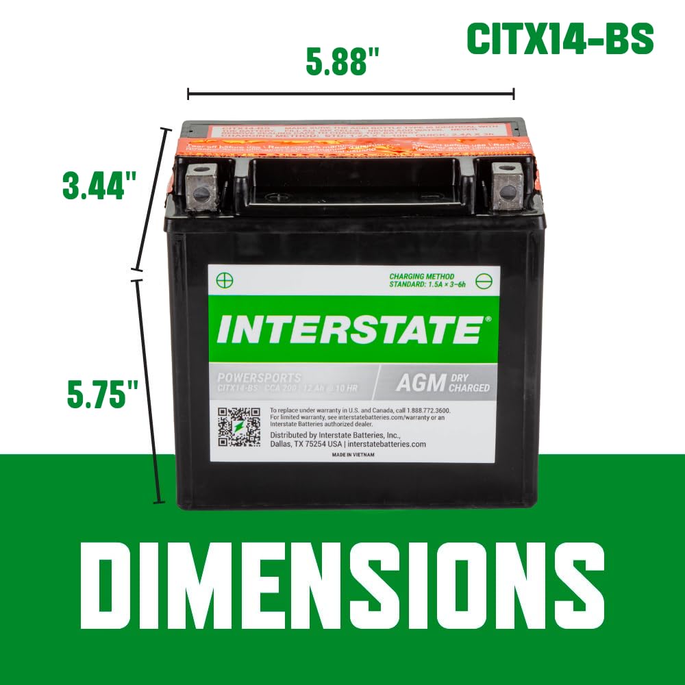 Interstate Batteries Ytx14-Bs 12V 12Ah Powersports Battery 200Cca Agm Rechargeable Replacement For Motorcycles, Atvs, Utvs, Scoo