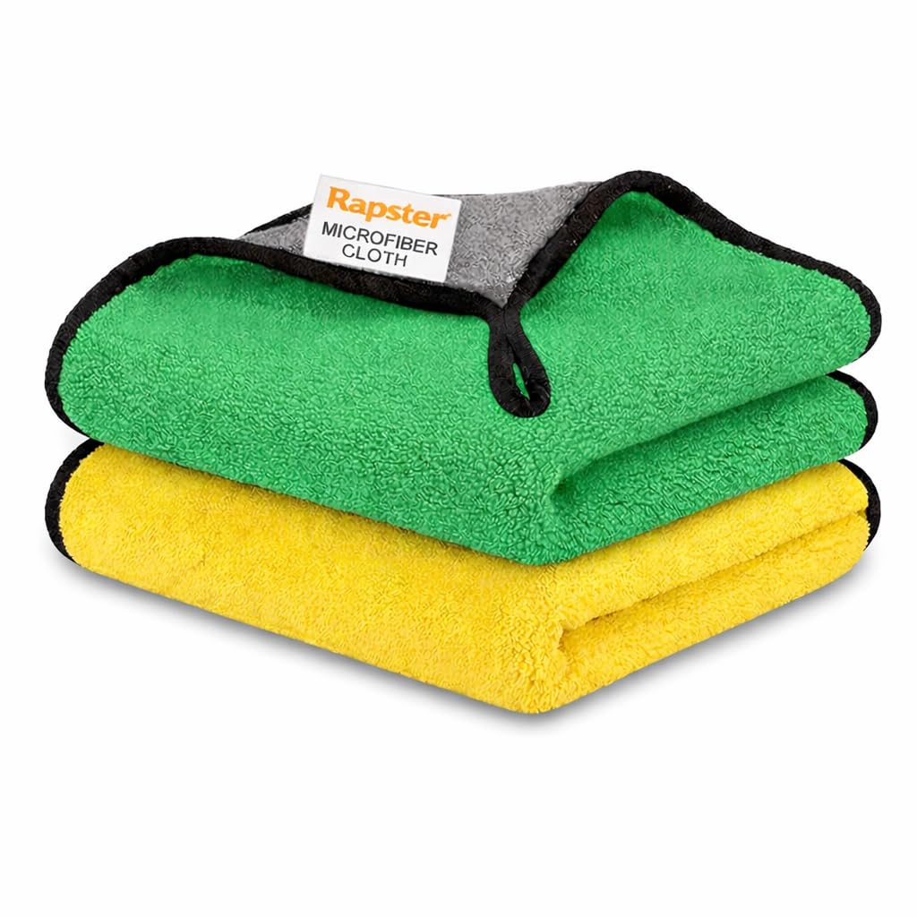 Rapster Microfiber Cleaning Cloth  Pack of 2 (Green & Yellow) | Soft, LintFree, ScratchFree Cloth for Car & Automobiles (2)