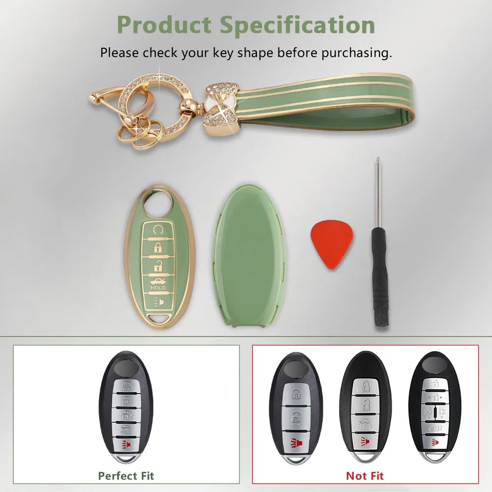 Pifoog Key Fob Cover For Nissan 5 Button Altima Sentra Rogue Maxima Armada Murano Pathfinder Versa Green Car Keys Case Shell Ful