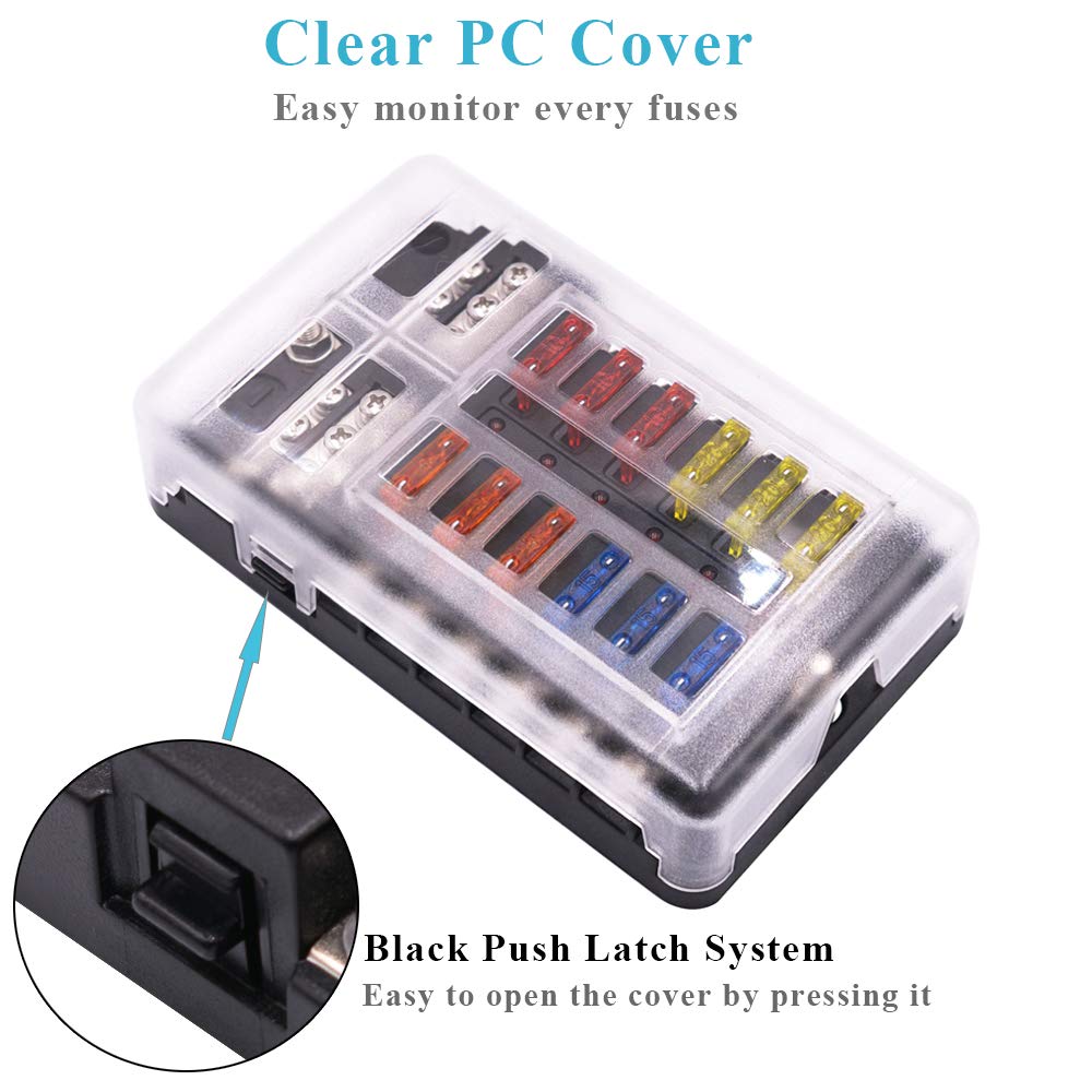 Wupp Boat Fuse Block, Marine Fuse Panel With Led Warning Indicator Damp-Proof Cover - 12 Circuits With Negative Bus Fuse Box Hol