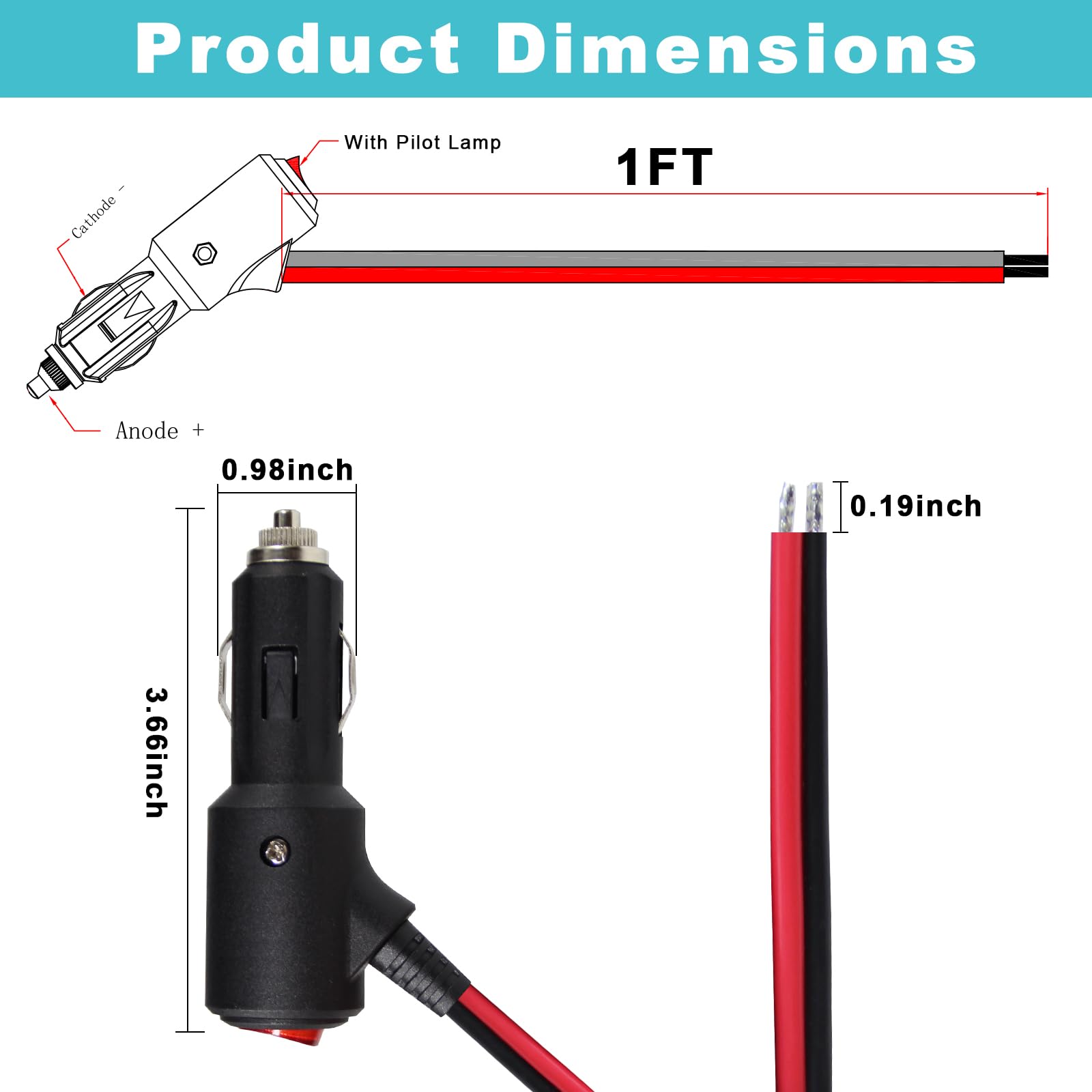 [2PACK] 12V Fused Replacement Cigarette Lighter Male Plug With On/Off Switch - 1FT 12Volt 15amp With Leads and LED Lights, 16AWG