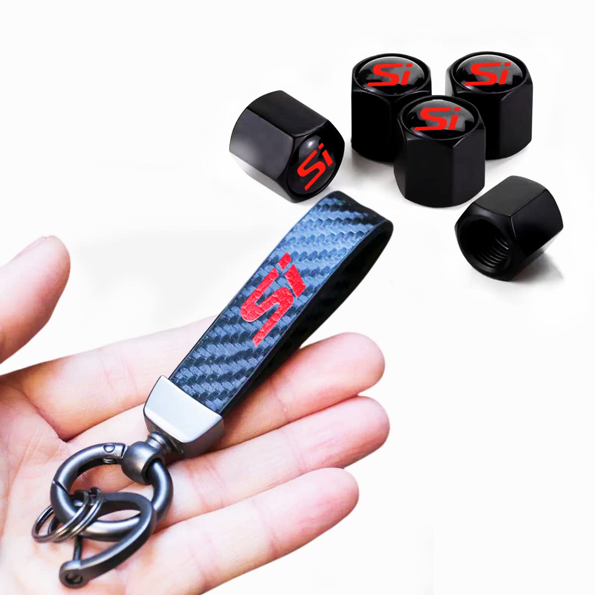 5Pcs Car Tire Valve Stem Caps,Carbon Fiber Style Car Keychain Si Emblem For Civic Accessories