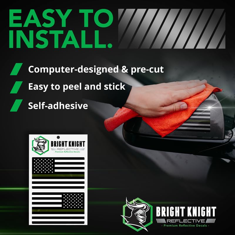 Bright Knight Reflective Flag Sticker, 3'' X 5.75'' Greenline American Flag Sticker Mirrored 3 Pack With Retro-Reflective Vinyl,