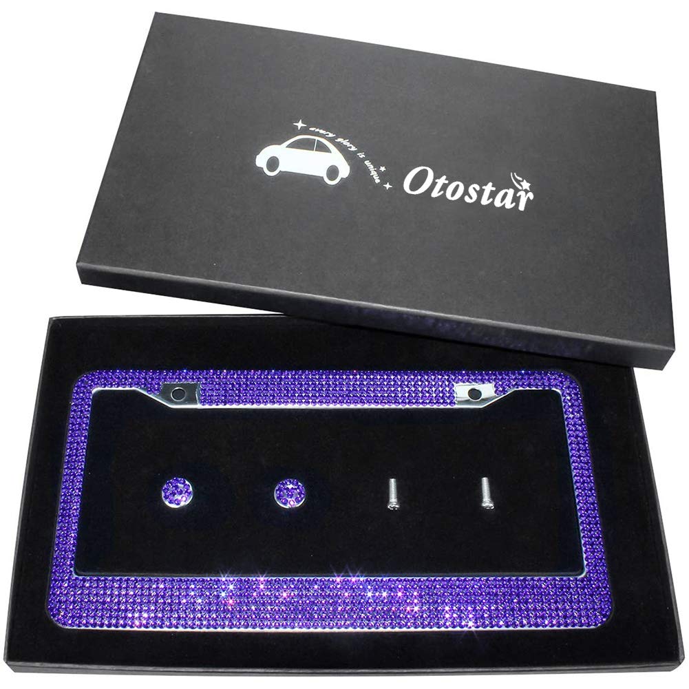 Otostar 7 Row Pure Handmade Waterproof Bling Bling Rhinestones Stainless Steel Metal License Plate Frame 2 Holes With Matching S