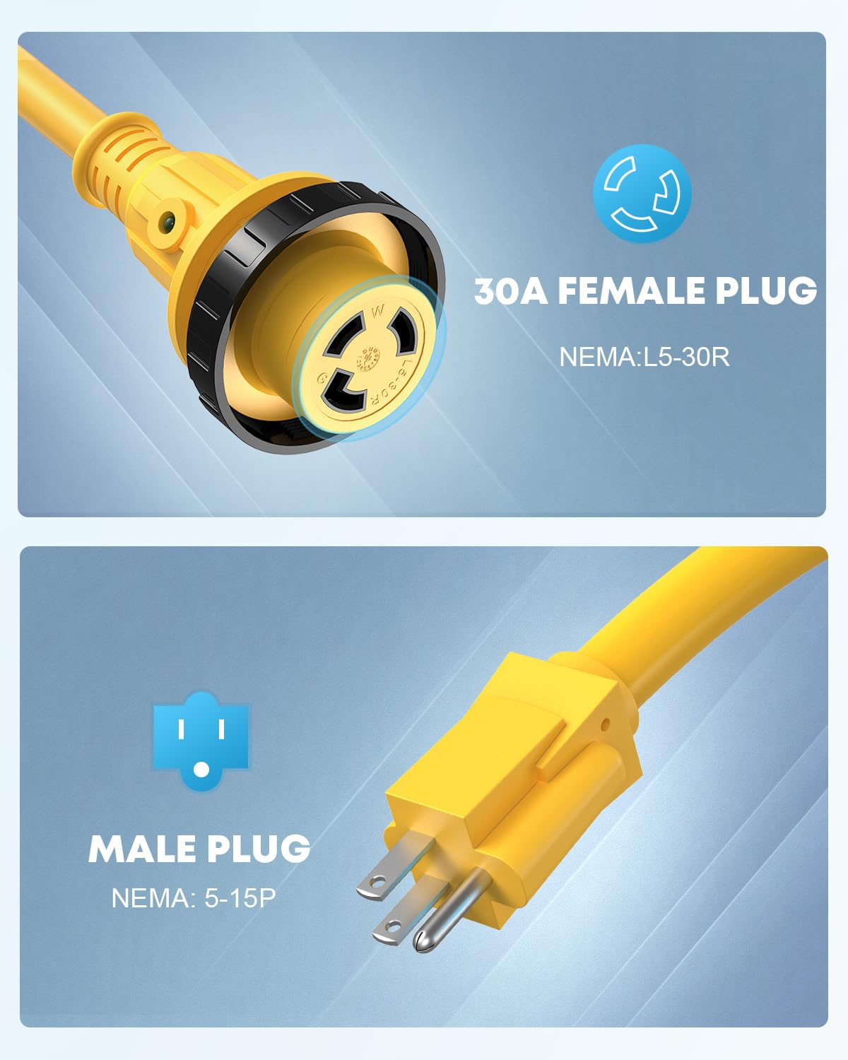 Kohree Rv Adapter Plug 30 Amp To 15 Amp 110V, Rv Power Electrical Adapter Cord 15A Male To 30A Female 12'' With Twist Lock & Led