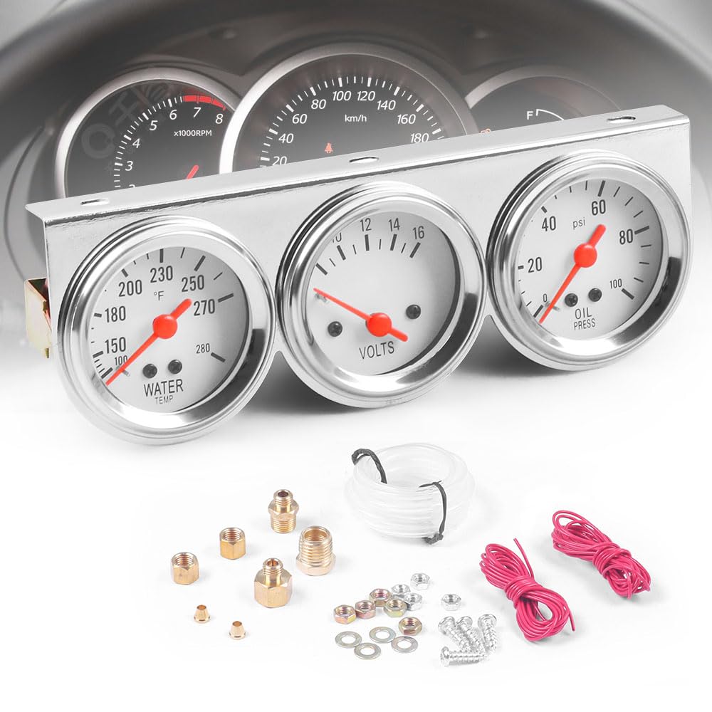 Dyno Racing 2inch 52MM Triple Gauge kit Volt Meter Water Temp Temperature Gauge Oil Press Pressure Gauge Car Meter Triple Gauge 