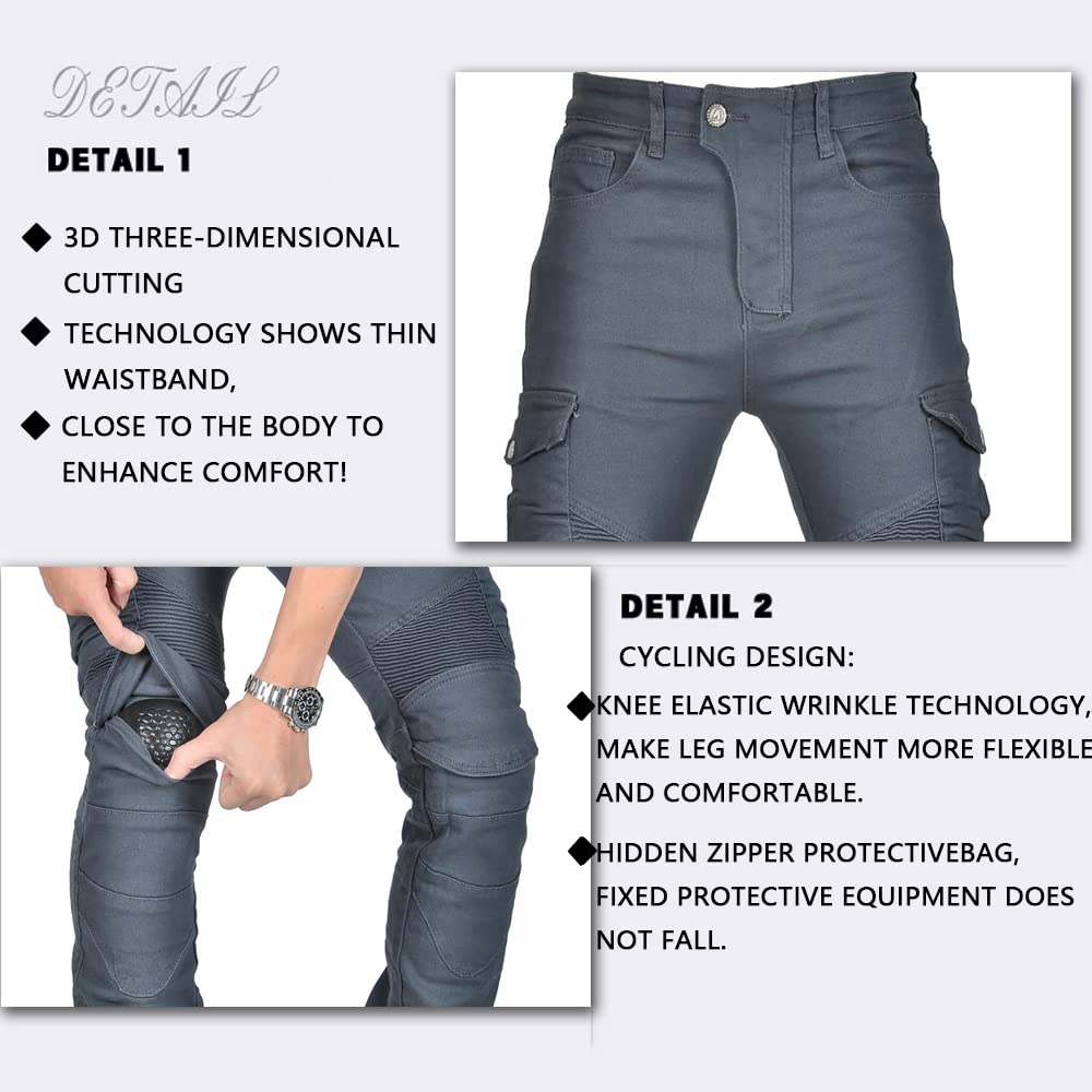 LOMENG Motorcycle Pants Motorbike Riding Denim Jeans Biker Motocross Pants with CE Removable Armored for Men Grey S