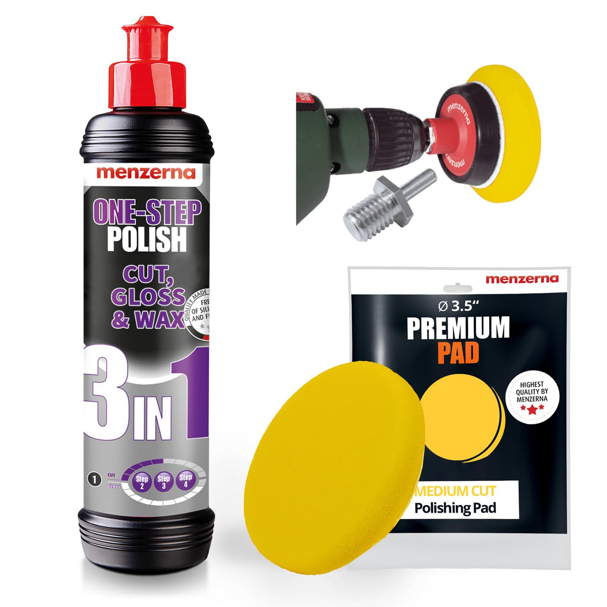 Menzerna 3In1 Polishing Set - One-Step Polish + Drill Machine Adapter + Medium Cut Pad | Polish Your Car With A Cordless Drill