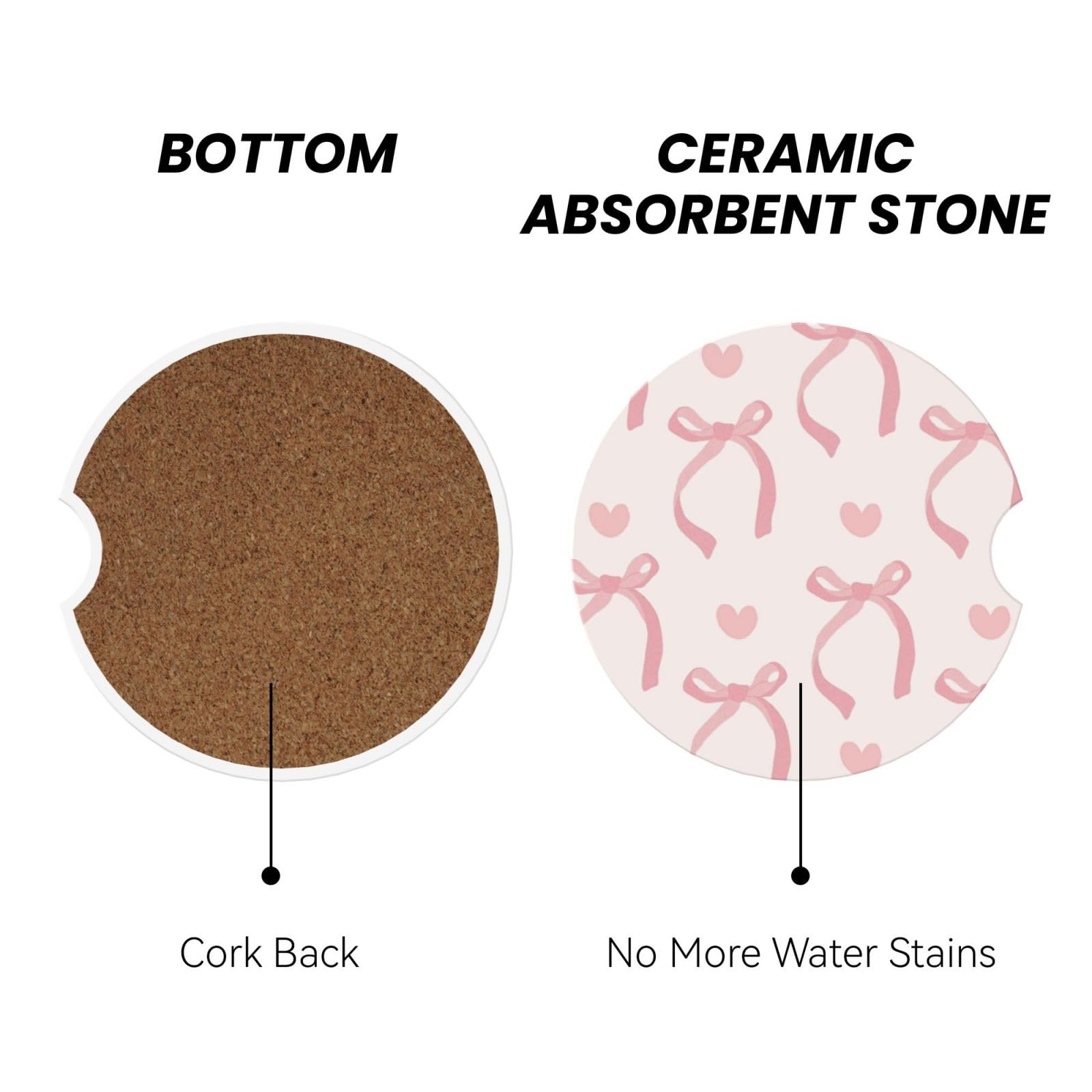 Pink Bow Love Heart Car Cup Holder Coaster 2 Pack Absorbent Ceramic Car Coasters For Cup Holders Car Accessories Interior For Wo