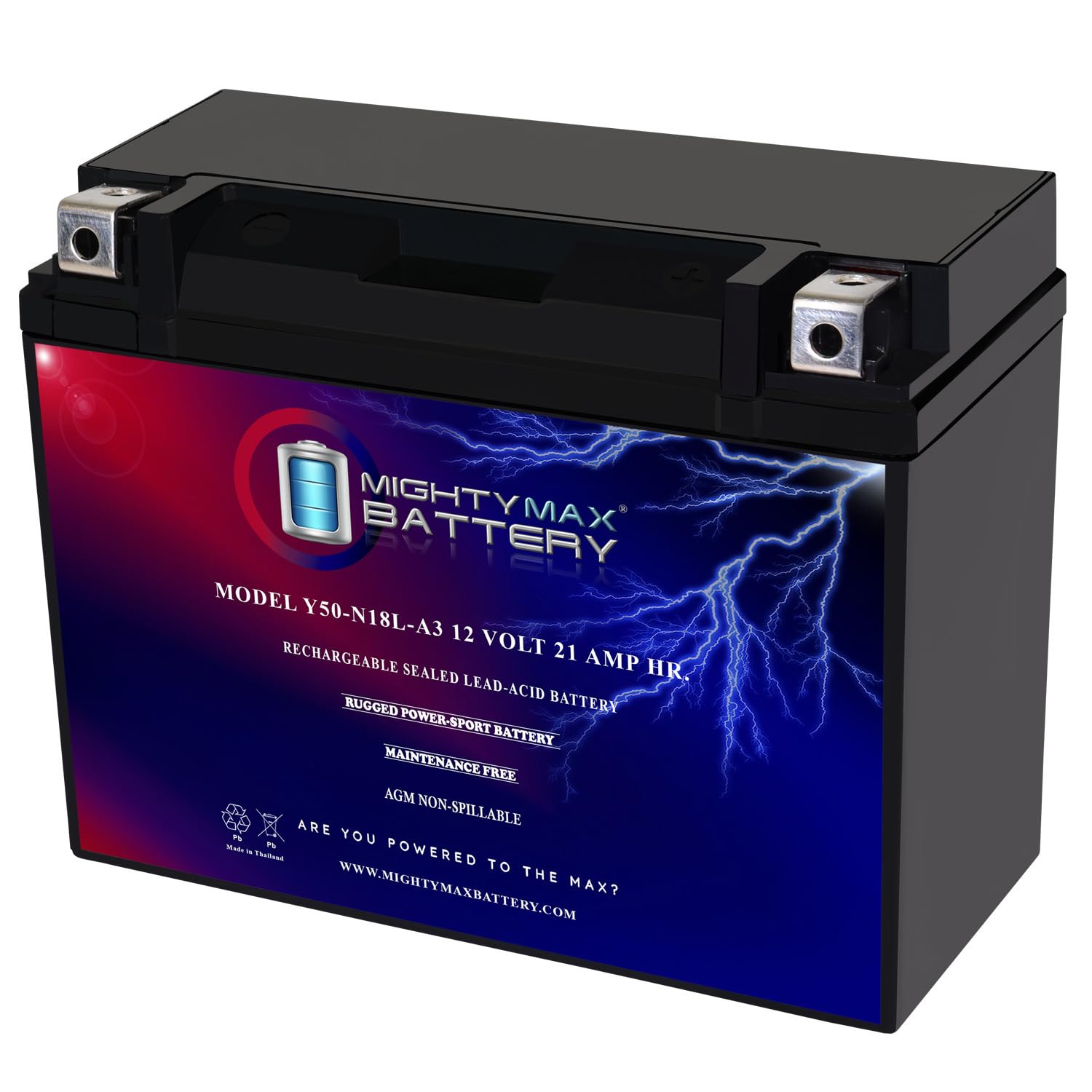 Mighty Max Battery Y50-N18L-A3-12 Volt 21 Ah, 350 Cca, Rechargeable Maintenance Free Sla Agm Motorcycle Battery