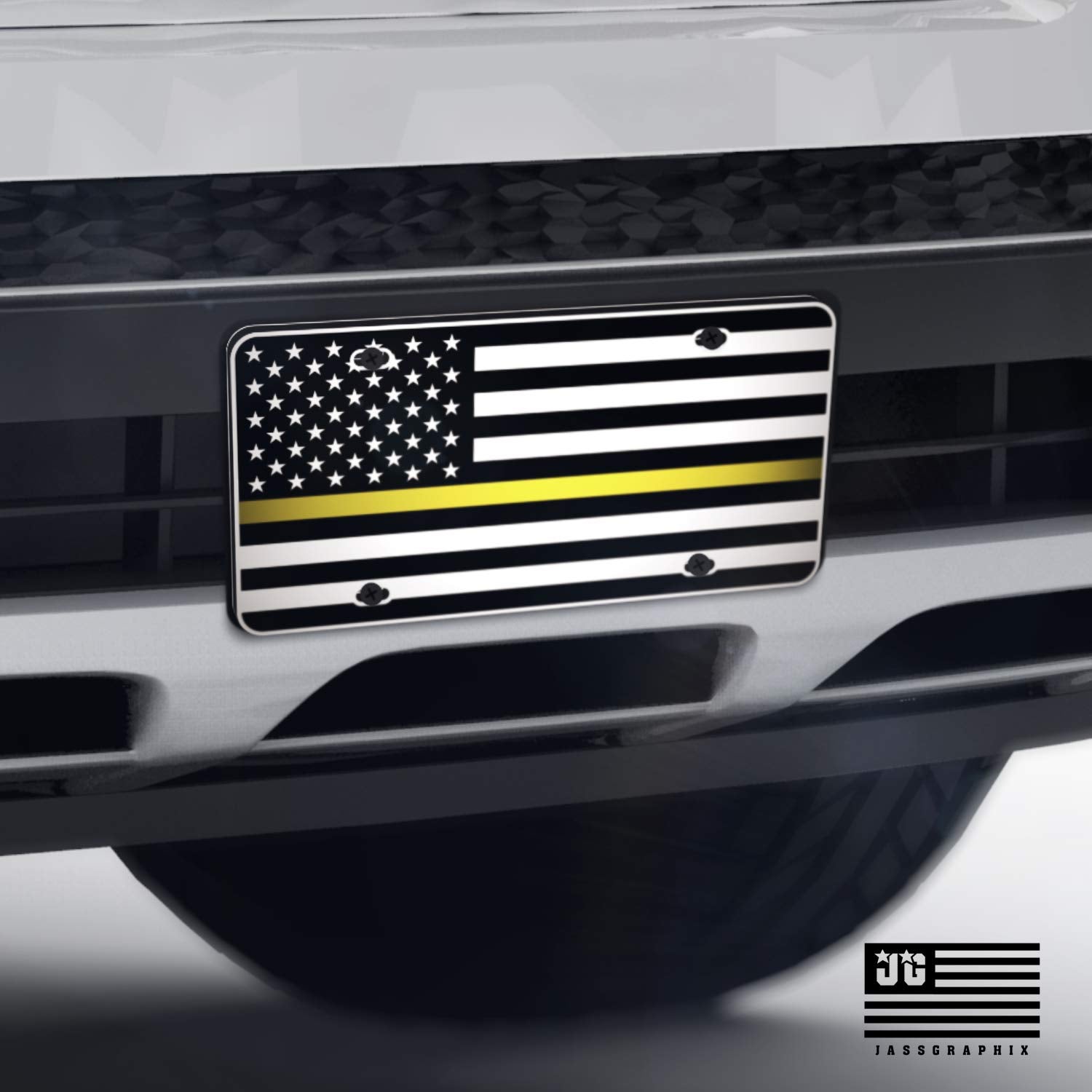 Jass Graphix Dispatcher Thin Yellow Line American Flag License Plate Matte Black On 1/8'' White Aluminum Composite Heavy Duty Ta