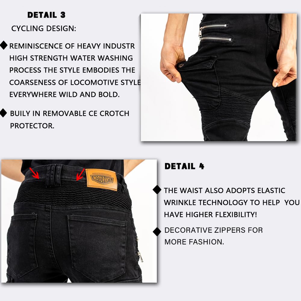 LOMENG Motorcycle Riding Pants Motorbike Motocross Cycling Jeans Safety CE Knee Hip Removable Armored All Seasons for Men Black