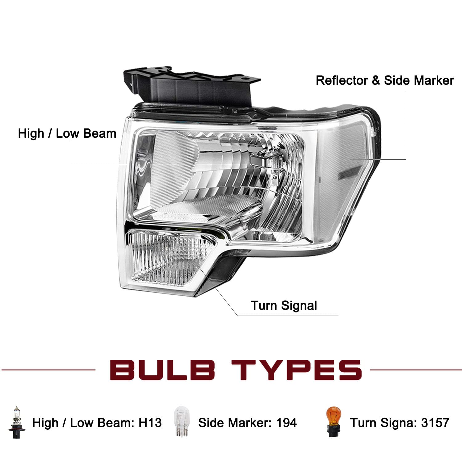 Jsboyat Headlight Assembly Replacement For 2009-2014 Ford F150 Pickup Passenger & Driver Side, Chrome Housing With Amber Reflector