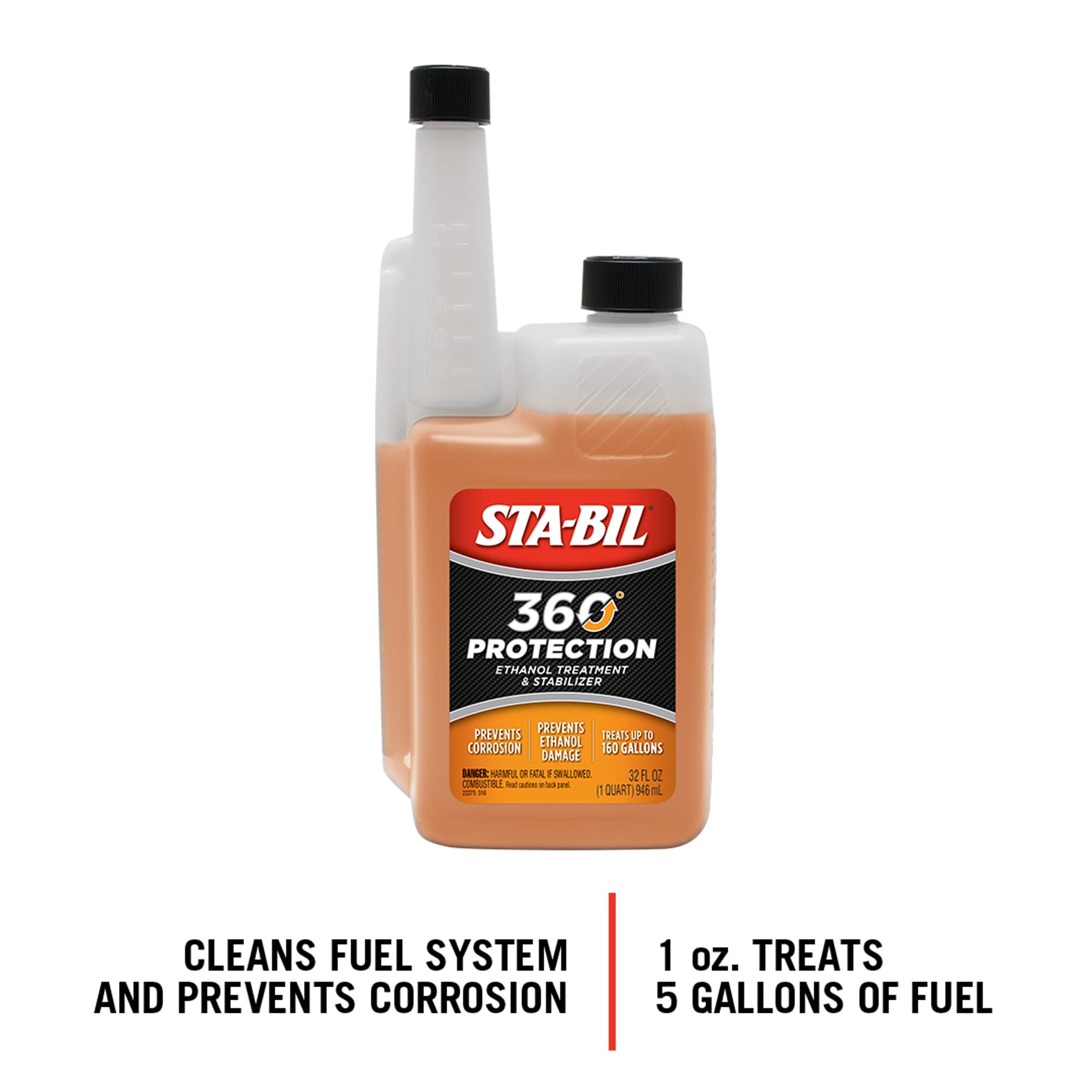 Sta-Bil 360 Protection Ethanol Treatment & Fuel Stabilizer - Full Fuel System Cleaner - Fuel Injector Cleaner - Increases Fuel Mileage - Protects Fuel System - Treats 160 Gallons - 32 Fl. Oz. (22275), Amber