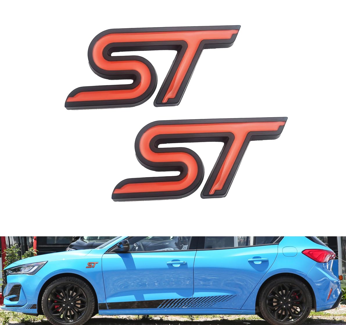2pcs Metal New ST Car Emblem 3D Racing Decal Sport Turbo Badge Replacement for car (Black Orange)
