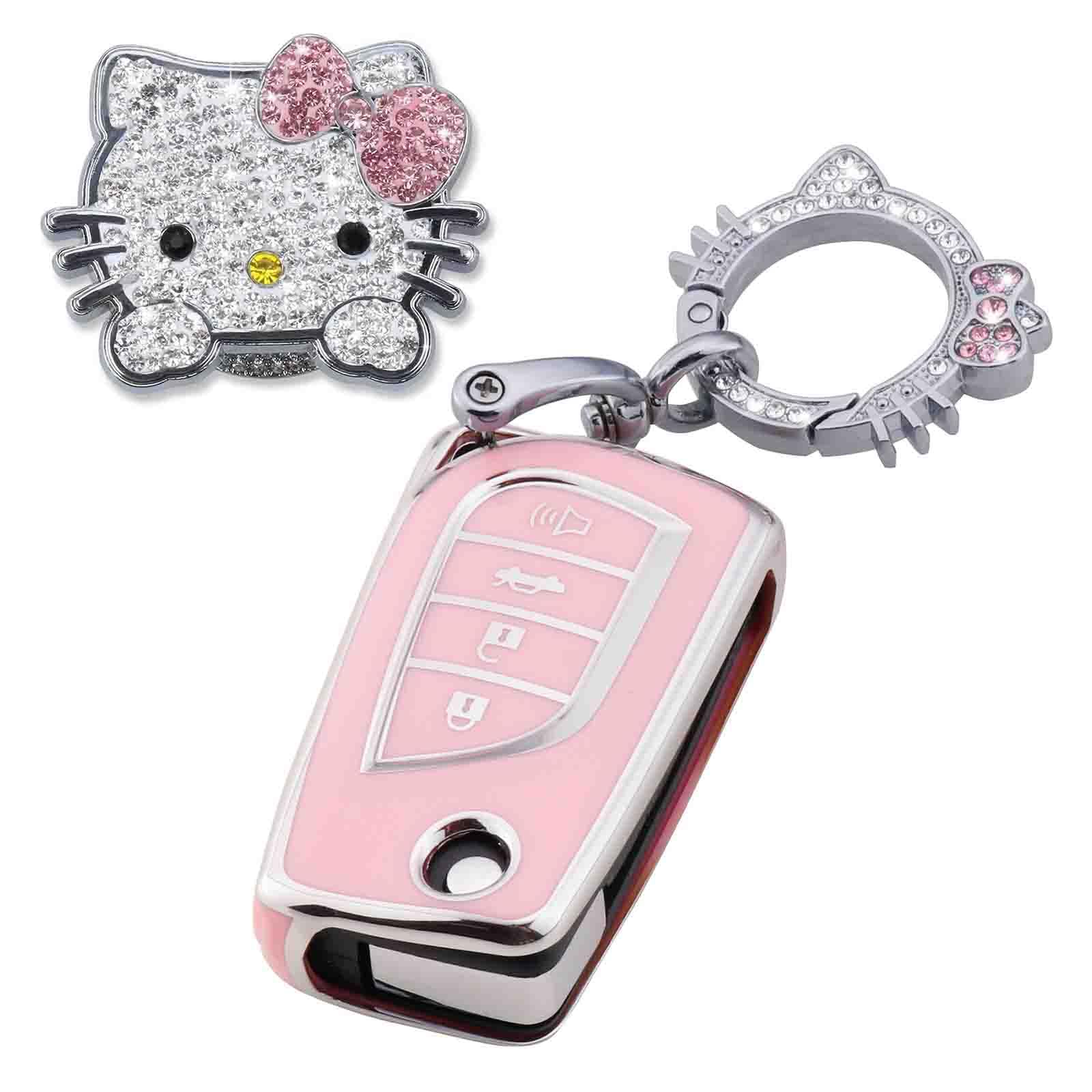 Pangpai Pink Car Accessories 3 Pcs For Toyota Fortuner Tundra Camry Rav4 Highlander Corolla Key Fob Cover With Bling Keychain Cu