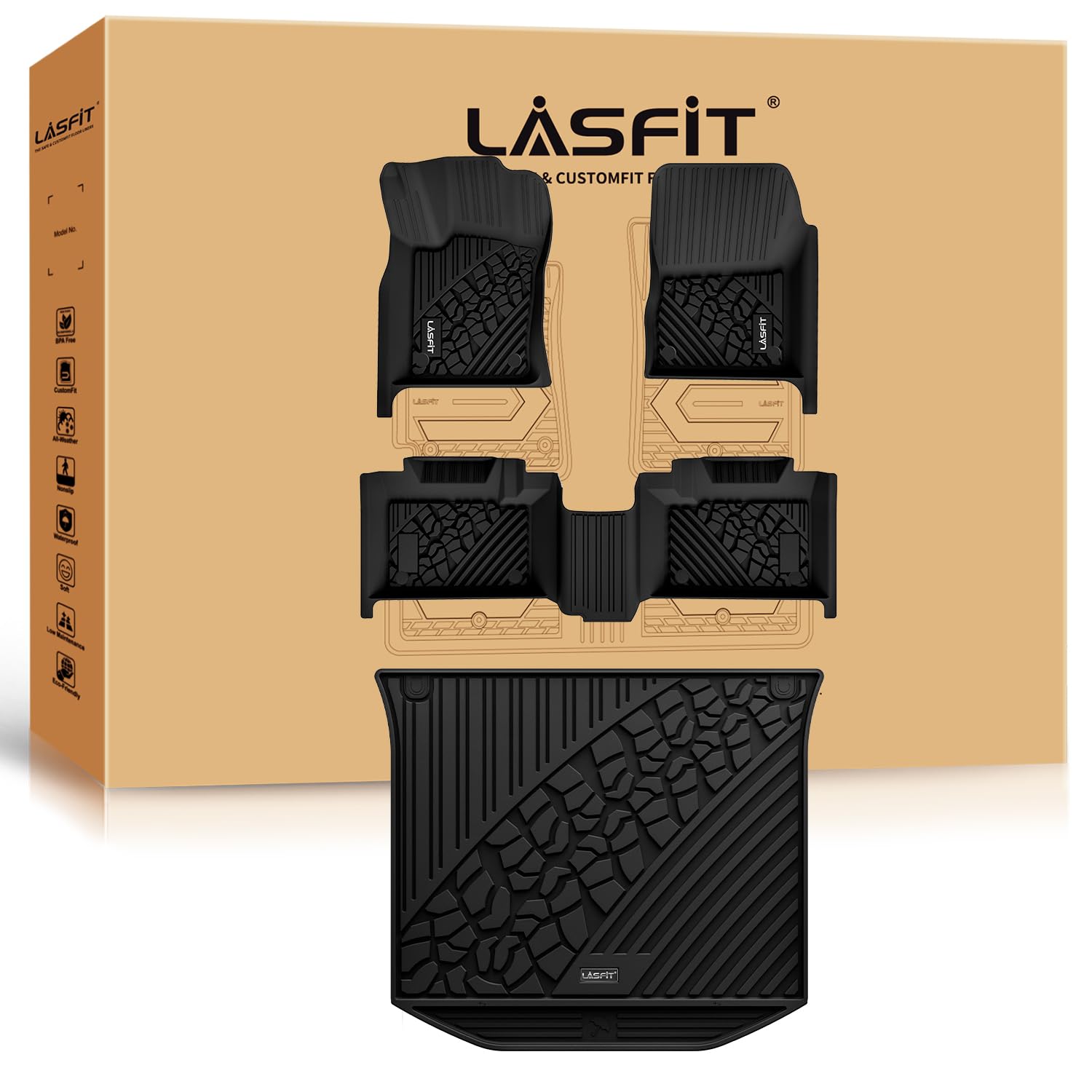 Lasfit Floor Mats For Tpe All Weather Car Liners,Custom Fit 1St & 2Nd Row Floor Liners, Black (Grand Cherokee 2016-2021 Floor Ma