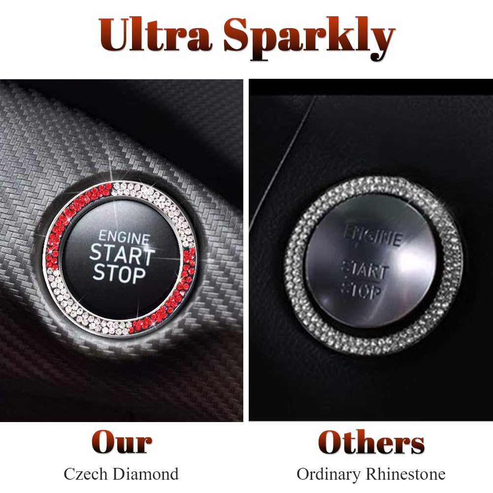 Tobequeen White And Red Bling Push To Start Button Ring Emblem Sticker, Crystal Diamond Rhinestone Start Buttone Cover Car Decor
