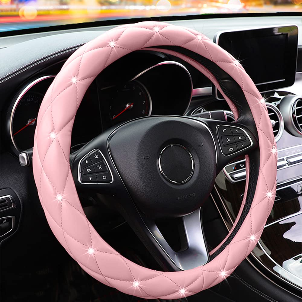 Yogurtck Cute Diamond Soft Light Pink Leather Anti-Slip Steering Wheel Cover With Bling Bling Crystal Rhinestones, Universal 15