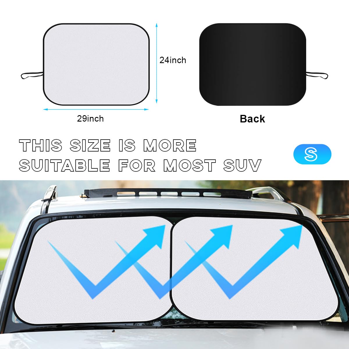 Ziciner 2 PCS Car Windshield Sun Shade, Auto Sun Heat and UV Rays Blocker, 24''  29'' Foldable Automotive Front Window Sunshade